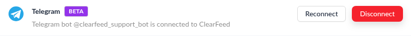 Telegram integration card marked Beta in ClearFeed