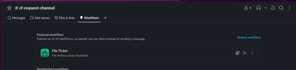 Slack channel Workflows tab showing the File Ticket workflow as a featured workflow