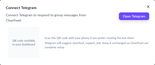 Connect Telegram dialog with Open Telegram and QR code options