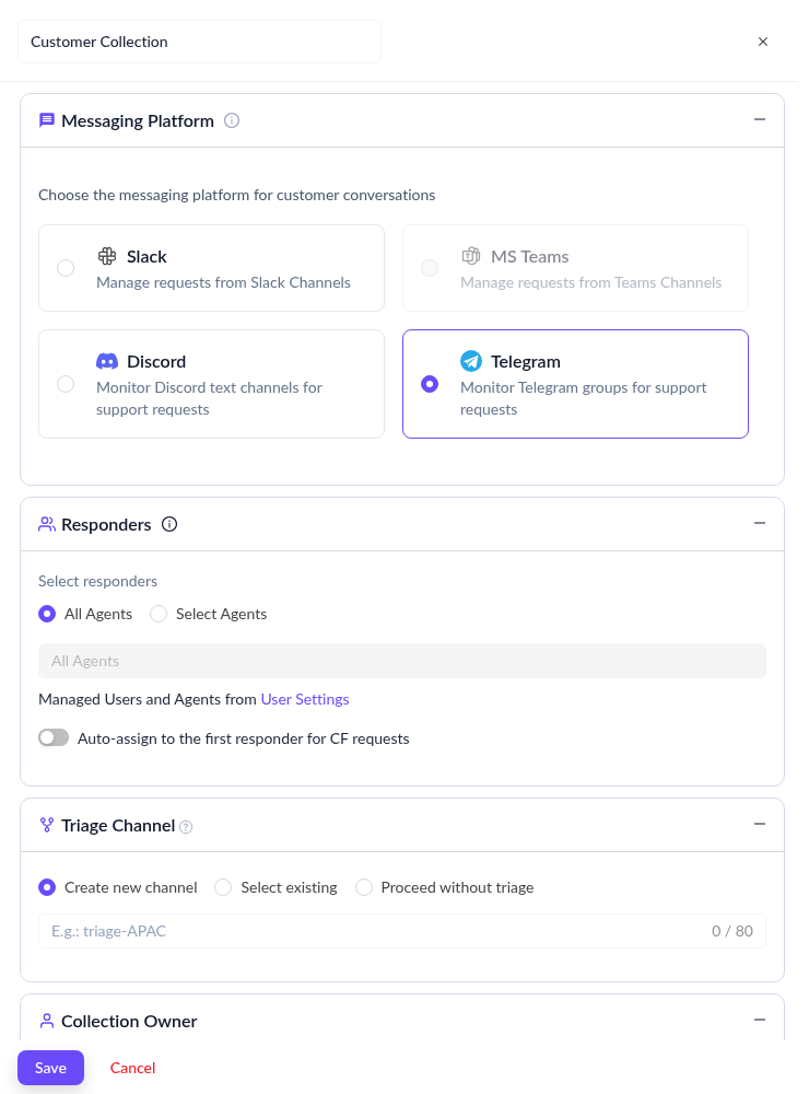 Customer Collection form with Telegram selected as the messaging platform