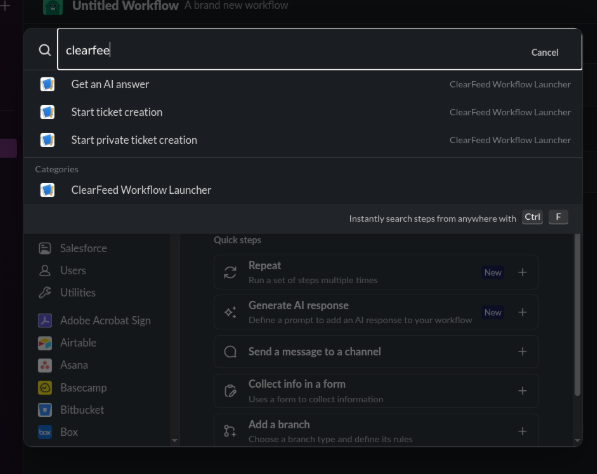 Slack Workflow Builder search showing ClearFeed's ticket-creation steps