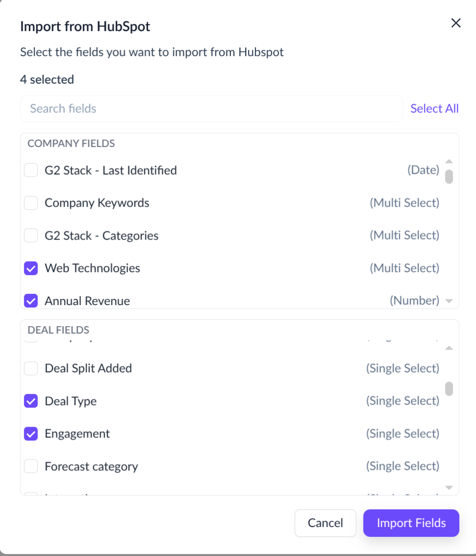 HubSpot field import modal