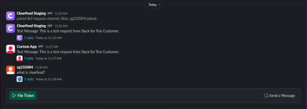 Slack request channel message bar with a featured File Ticket workflow button