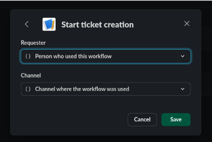 ClearFeed ticket-creation step configured with the workflow user as requester and workflow channel as channel